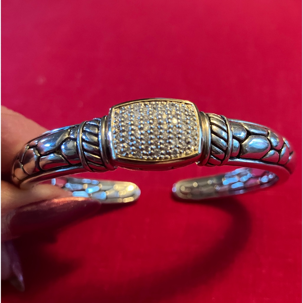 Sterling And 14k Gold Diamond Bali Or John Hardy Style Kick Cuff Bangle Bracelet